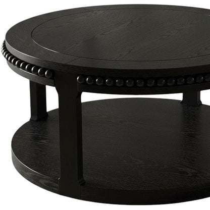 32" Black Wood Floor Shelf Beaded Round Coffee Table HomeRoots