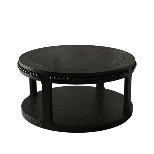 32" Black Wood Floor Shelf Beaded Round Coffee Table