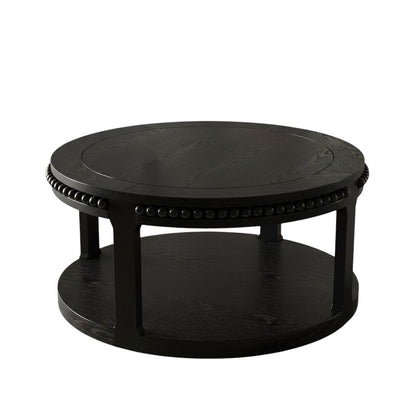 32" Black Wood Floor Shelf Beaded Round Coffee Table