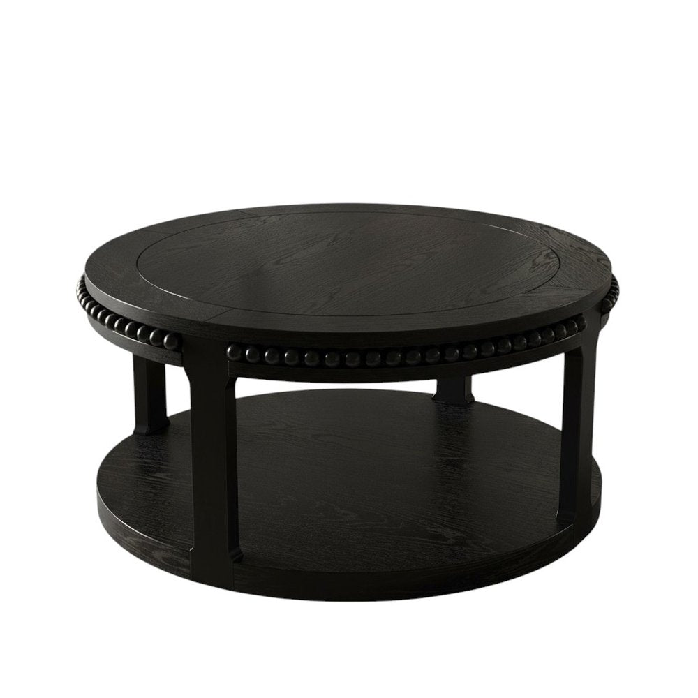 32" Black Wood Floor Shelf Beaded Round Coffee Table HomeRoots