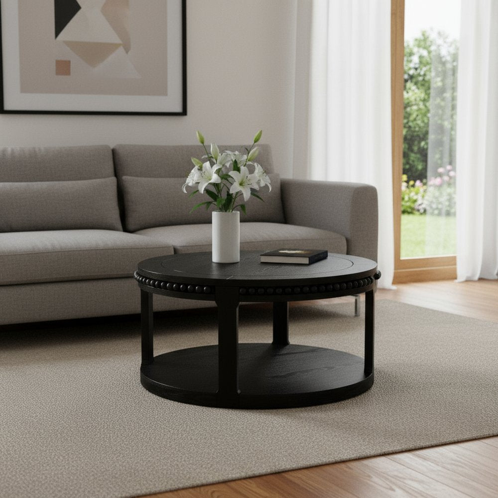 32" Black Wood Floor Shelf Beaded Round Coffee Table HomeRoots