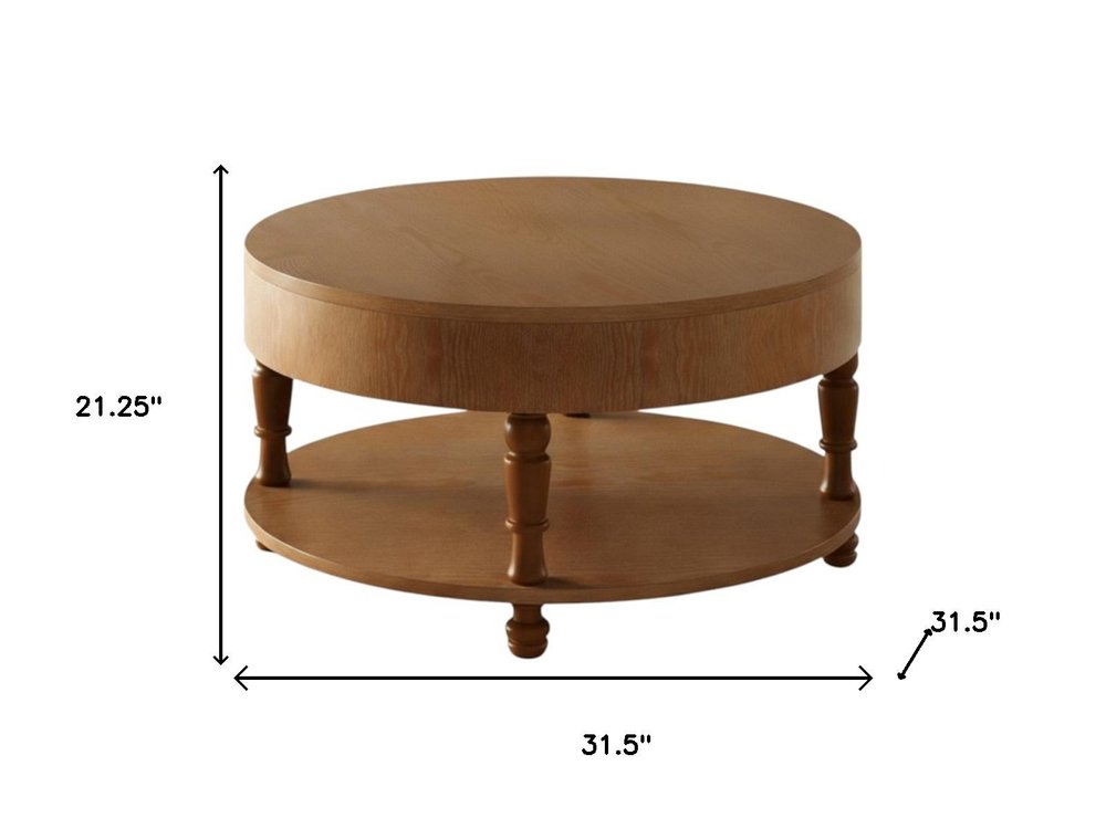 32" Natural Wood Round Coffee Table With Hidden Storage And Shelf HomeRoots
