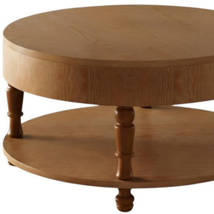 32" Natural Wood Round Coffee Table With Hidden Storage And Shelf HomeRoots