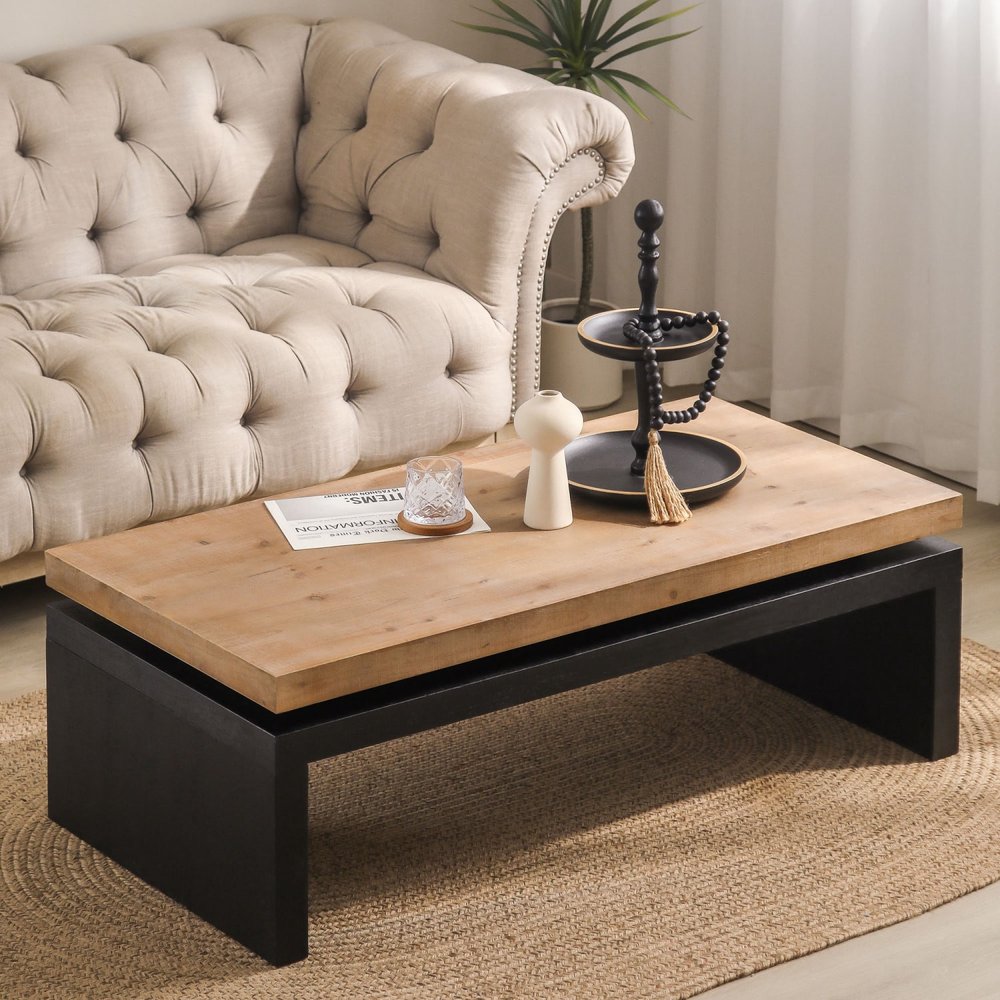 48" Natural and Black Wood Floating Frame Coffee Table HomeRoots
