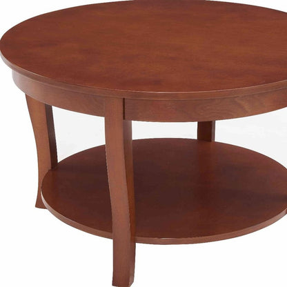 30" Walnut Wood Round Coffee Table With Shelf HomeRoots