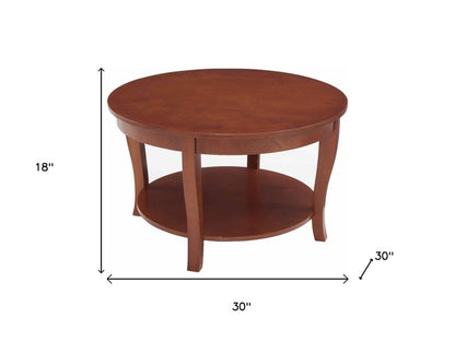 30" Walnut Wood Round Coffee Table With Shelf HomeRoots