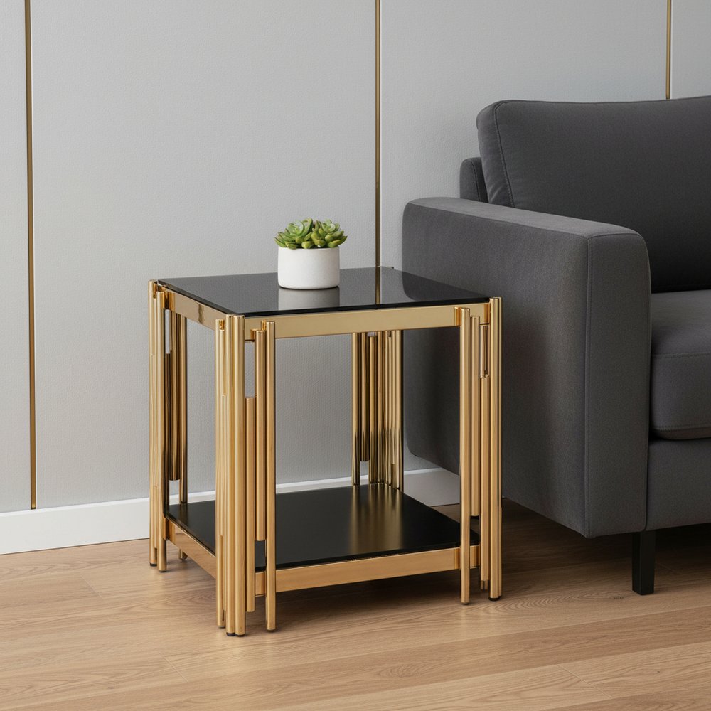 23" Black and Gold Glass and Stainless Steel Square Coffee Table HomeRoots