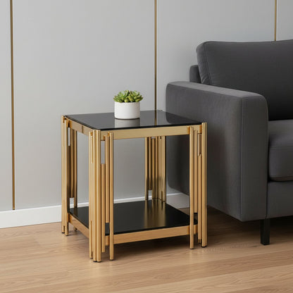 23" Black and Gold Glass and Stainless Steel Square Coffee Table HomeRoots