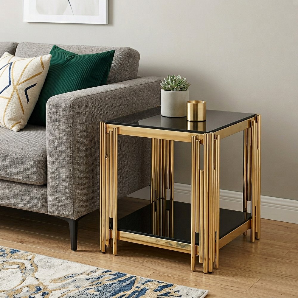 22" Black And Gold Tempered Glass And Steel End Table With Shelf HomeRoots