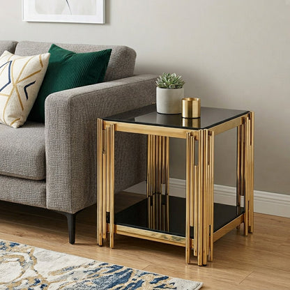 22" Black And Gold Tempered Glass And Steel End Table With Shelf HomeRoots