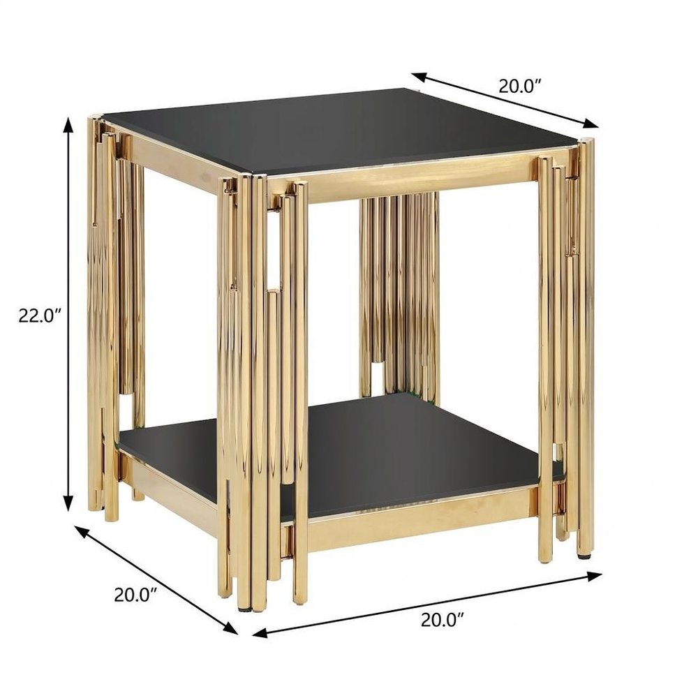 22" Black And Gold Tempered Glass And Steel End Table With Shelf HomeRoots