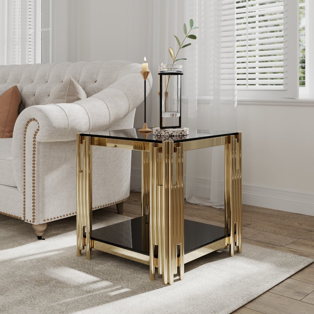 23" Black and Gold Glass and Stainless Steel Square Coffee Table HomeRoots