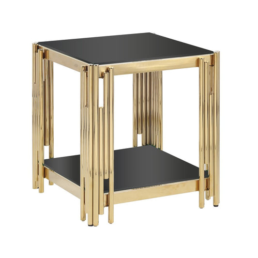 22" Black And Gold Tempered Glass And Steel End Table With Shelf