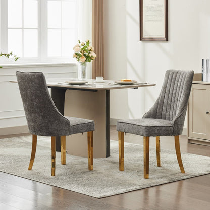 Set of Two Gray And Gold Chenille And Stainless Steel Dining Side Chairs HomeRoots
