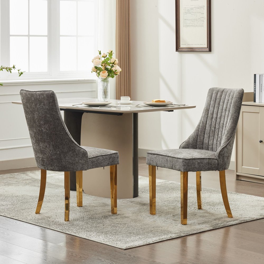 Set of Two Gray And Gold Chenille And Stainless Steel Dining Side Chairs — view 1