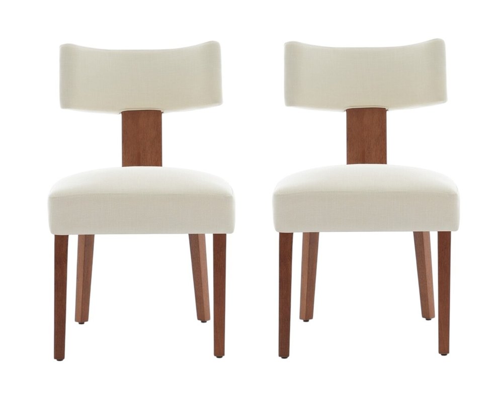 Set of Two Beige White And Brown Linen And Solid Wood Wing Back Dining Side Chairs — view 7