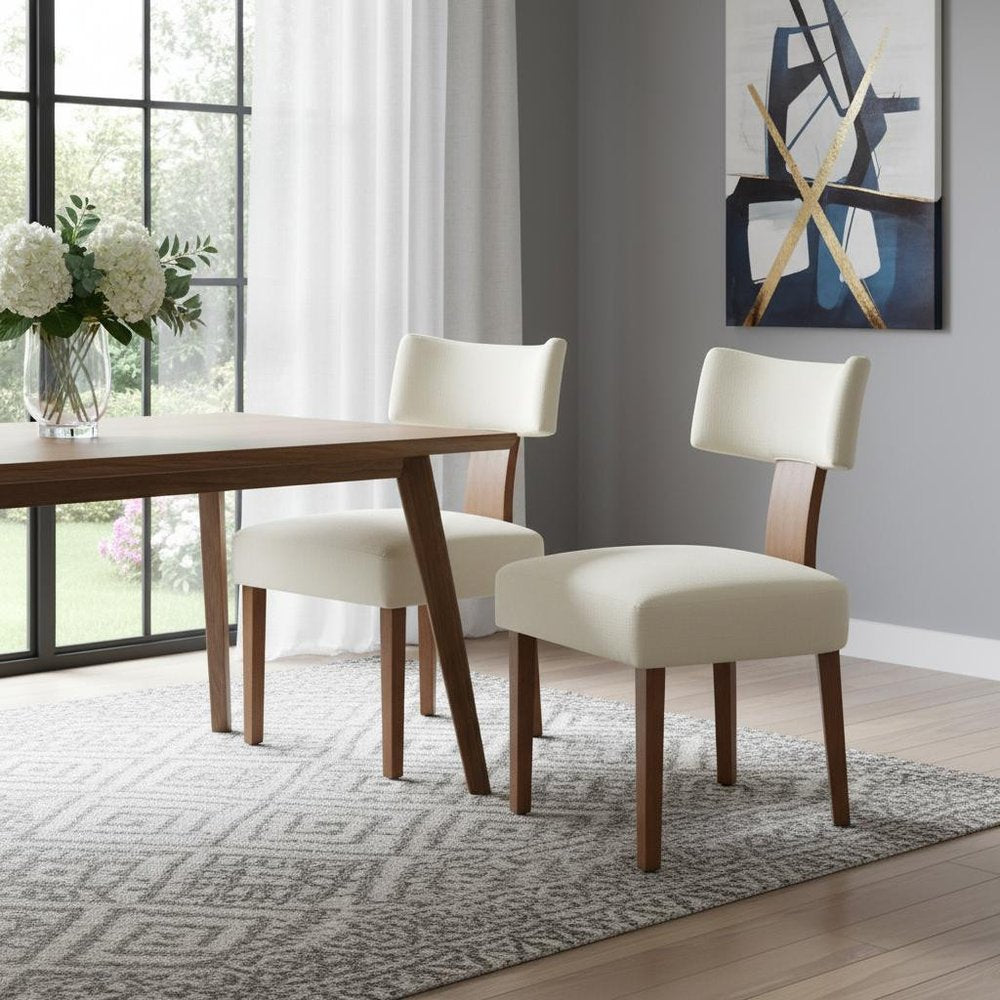 Set of Two Beige White And Brown Linen And Solid Wood Wing Back Dining Side Chairs — view 9