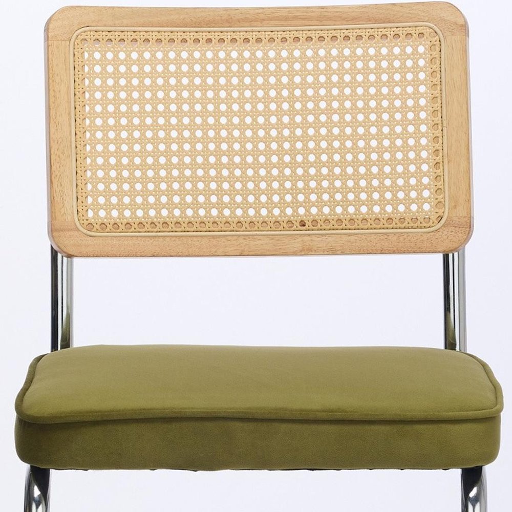 Set of Two Brown Natural And Silver Velvet Rattan And Stainless Steel Dining Chairs — view 2