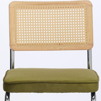 Set of Two Brown Natural And Silver Velvet Rattan And Stainless Steel Dining Chairs HomeRoots