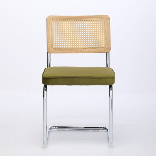 Set of Two Beige Natural And Silver Velvet Rattan And Stainless Steel Dining Chairs