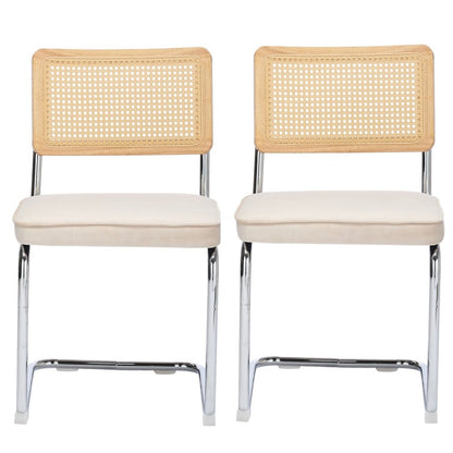 Set of Two Brown Natural And Silver Velvet Rattan And Stainless Steel Dining Chairs HomeRoots