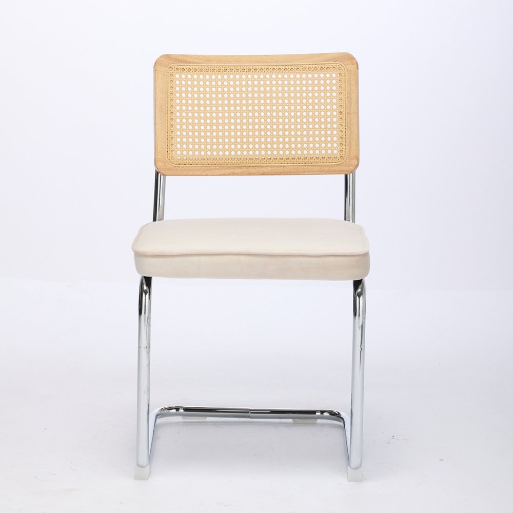 Set of Two Brown Natural And Silver Velvet Rattan And Stainless Steel Dining Chairs — view 9