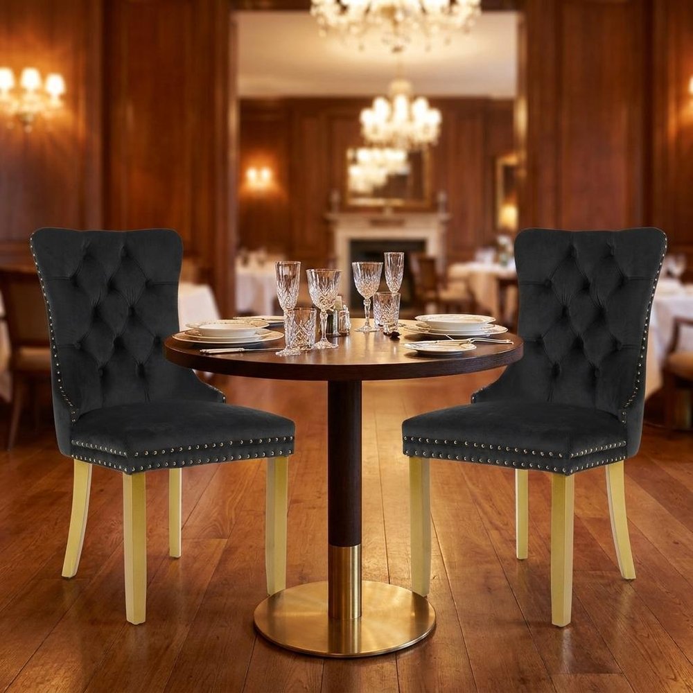 Set of Two Red and Gold Tufted Velvet And Solid Wood Dining Side Chairs — view 12