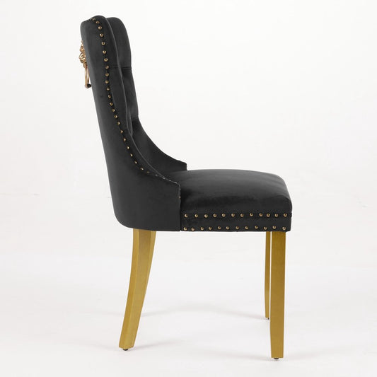 Set of Two Black And Gold Tufted Velvet And Solid Wood Dining Side Chairs HomeRoots