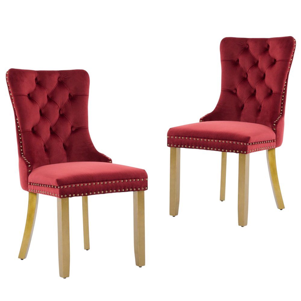 Set of Two Red and Gold Tufted Velvet And Solid Wood Dining Side Chairs HomeRoots