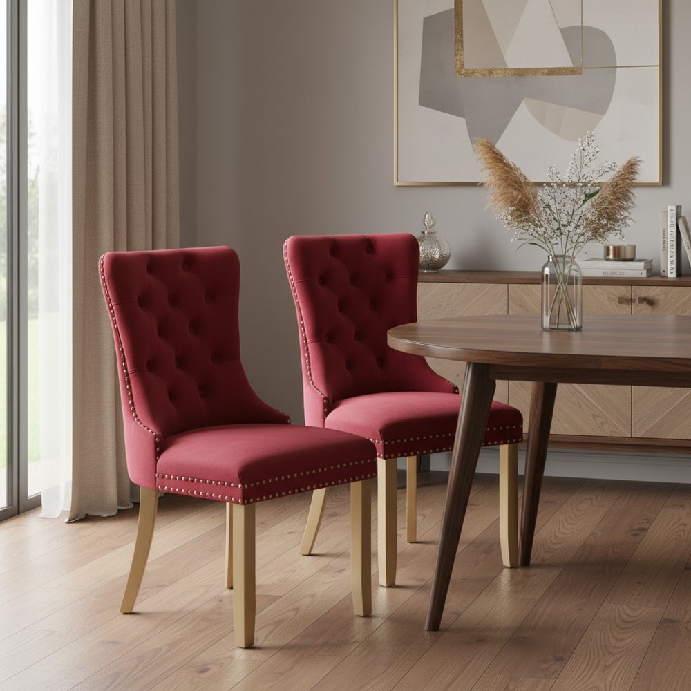 Set of Two Red and Gold Tufted Velvet And Solid Wood Dining Side Chairs HomeRoots