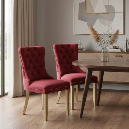 Set of Two Red and Gold Tufted Velvet And Solid Wood Dining Side Chairs HomeRoots