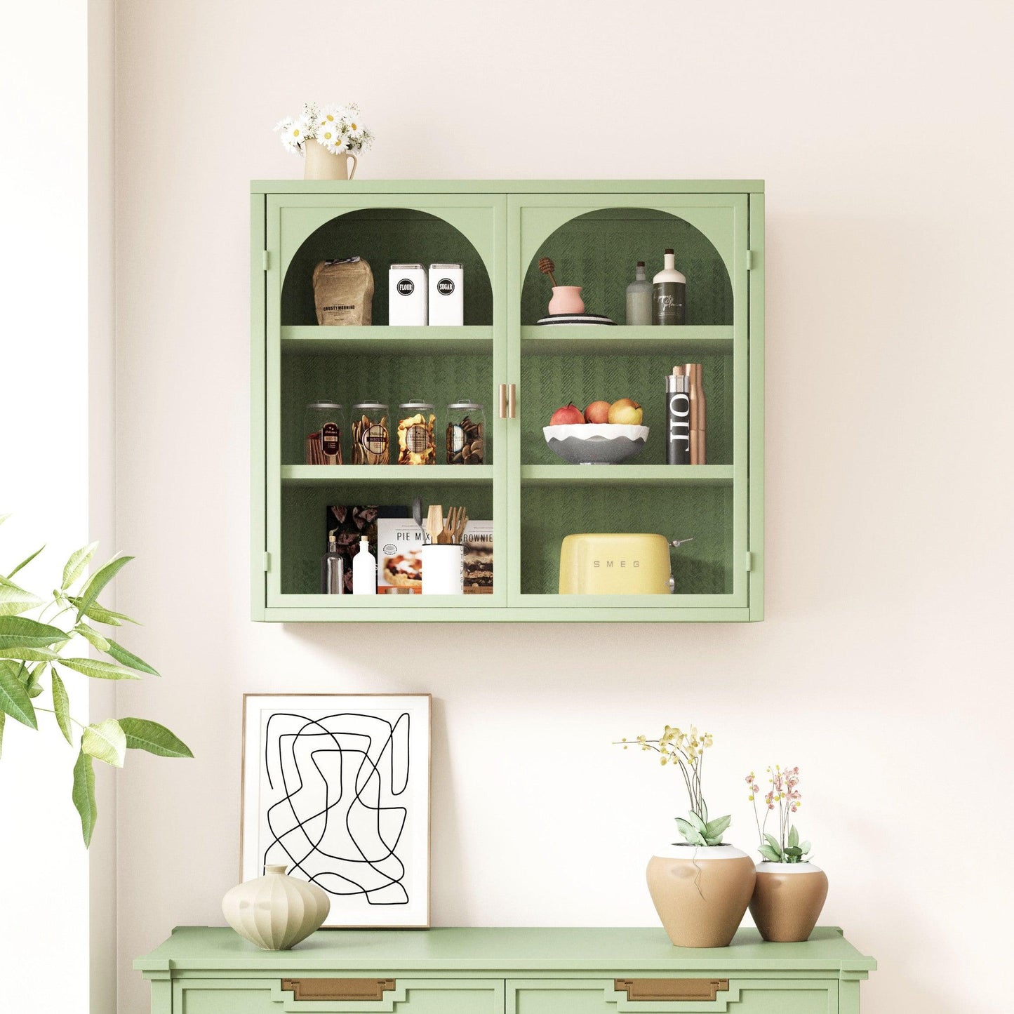 27.56"Glass Doors Modern Two-door Wall Cabinet with Featuring Three-tier Green - FurniFindUSA