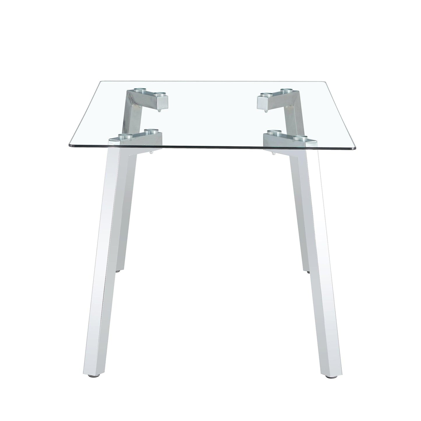 A modern minimalist rectangular glass dining table with tempered glass tabletop and silver metal legs - FurniFindUSA