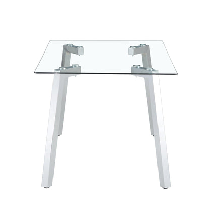 A modern minimalist rectangular glass dining table with tempered glass tabletop and silver metal legs - FurniFindUSA