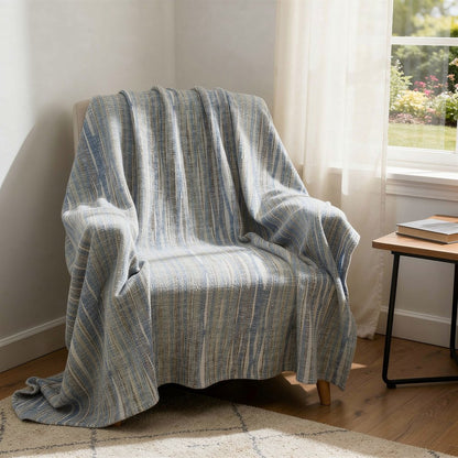 50" X 70" Blue And Beige Striped Microfiber Plush Throw Blanket HomeRoots