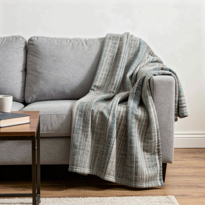 50" X 70" Ivory And Blue Striped Microfiber Plush Throw Blanket HomeRoots