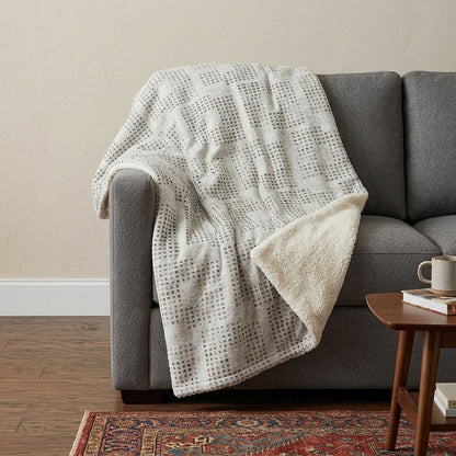 50" X 70" Beige And Charcoal Geometric Polyester Woven Plush Throw Blanket HomeRoots