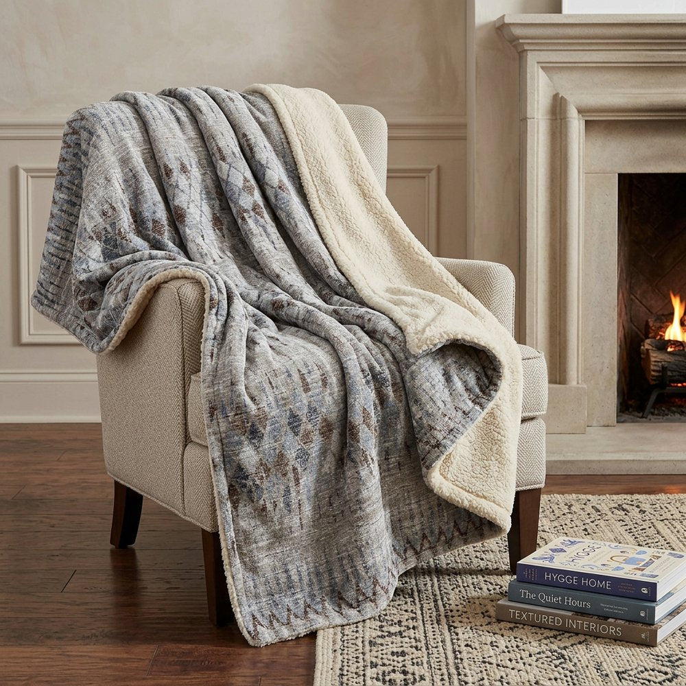 50" X 70" Blue And Gray Geometric Polyester Woven Plush Throw Blanket HomeRoots