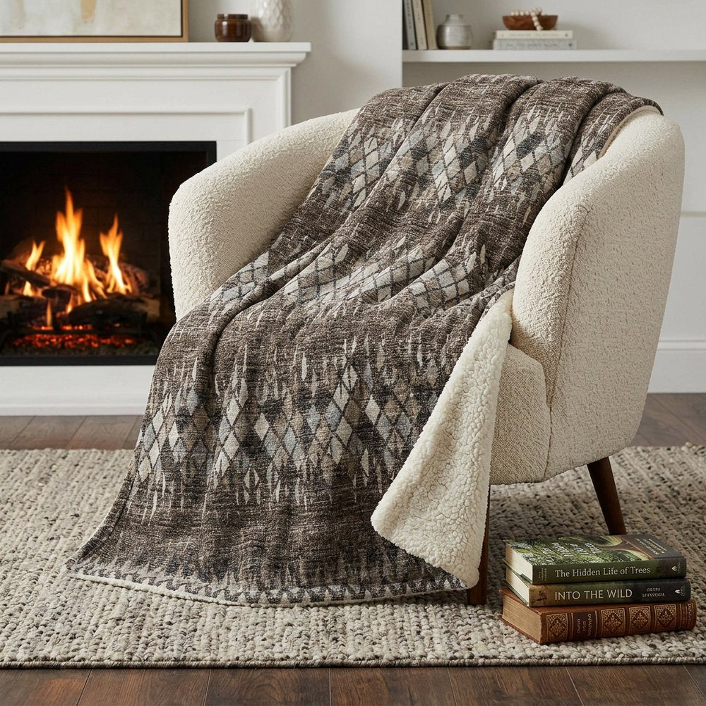 50" X 70" Brown And Beige Geometric Polyester Woven Plush Throw Blanket HomeRoots