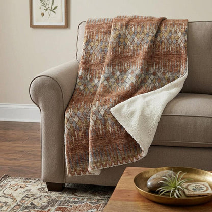 50" X 70" Cinnamon Gold And Blue Geometric Polyester Woven Plush Throw Blanket HomeRoots