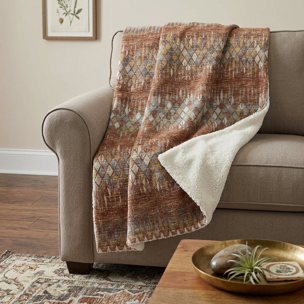 50" X 70" Cinnamon Gold And Blue Geometric Polyester Woven Plush Throw Blanket HomeRoots
