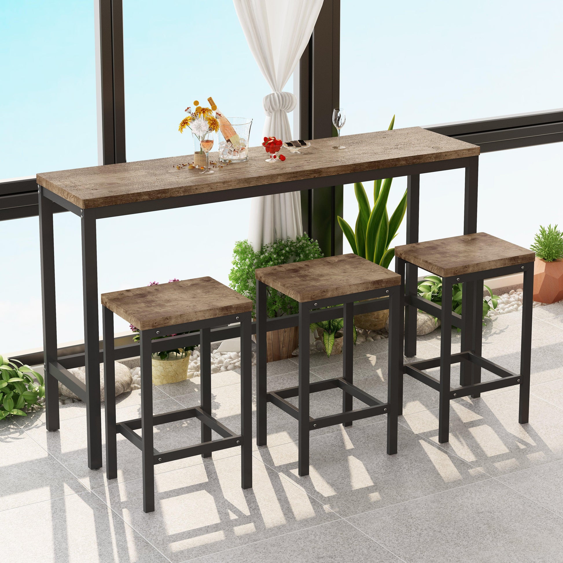 Modern Design Kitchen Dining Table Pub Table Long Dining Table Set with 3 Stools Easy Assembly Natural - FurniFindUSA