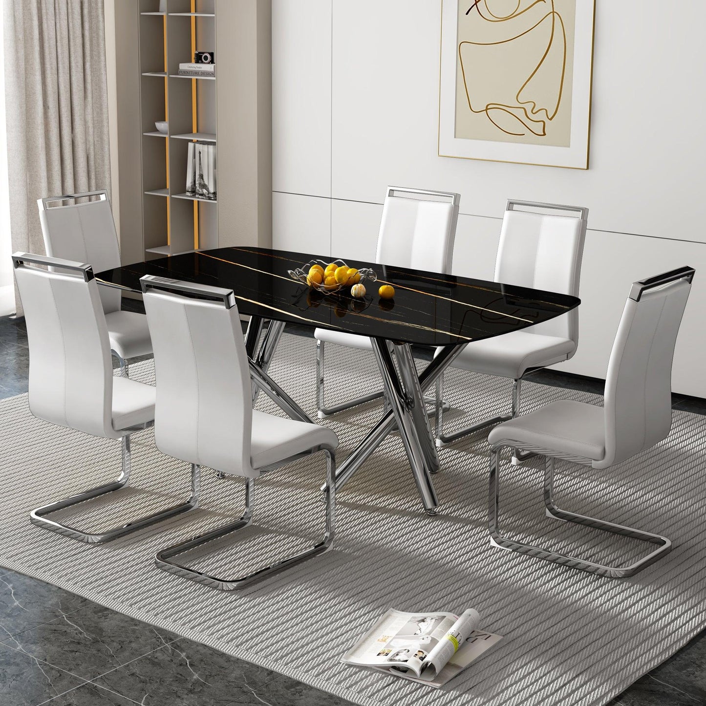 Large modern minimalist rectangular dining table with 0.39 "imitation marble black tabletop and silver metal legs - FurniFindUSA