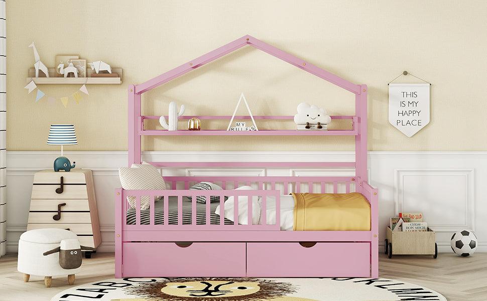 Wooden Full Size House Bed with 2 Drawers Kids Bed with Storage Shelf Pink - FurniFindUSA