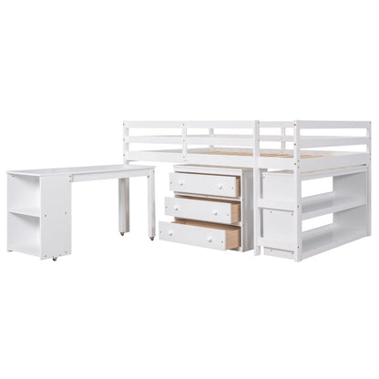 Low Study Full Loft Bed with Cabinet Shelves and Rolling Portable Desk Multiple Functions Bed- White - FurniFindUSA