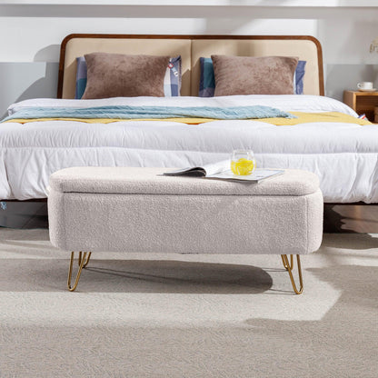 Ivory White Storage Ottoman Bench for End of Bed Gold Legs - FurniFindUSA