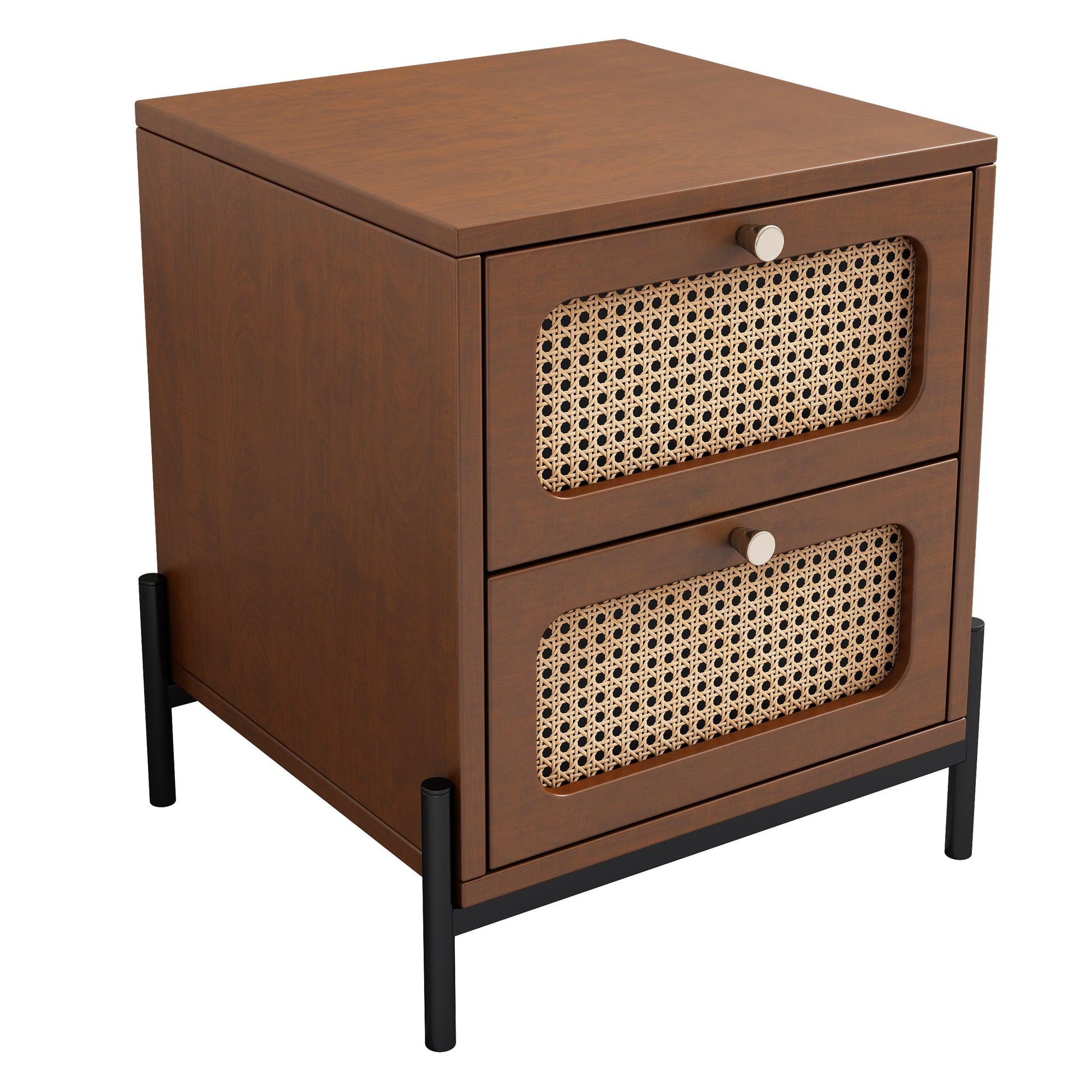 Modern Cannage Rattan Wood Closet 2-Drawer Side Table End Table Nightstand for Bedroom Living Room Entryway Hallway Walnut - FurniFindUSA