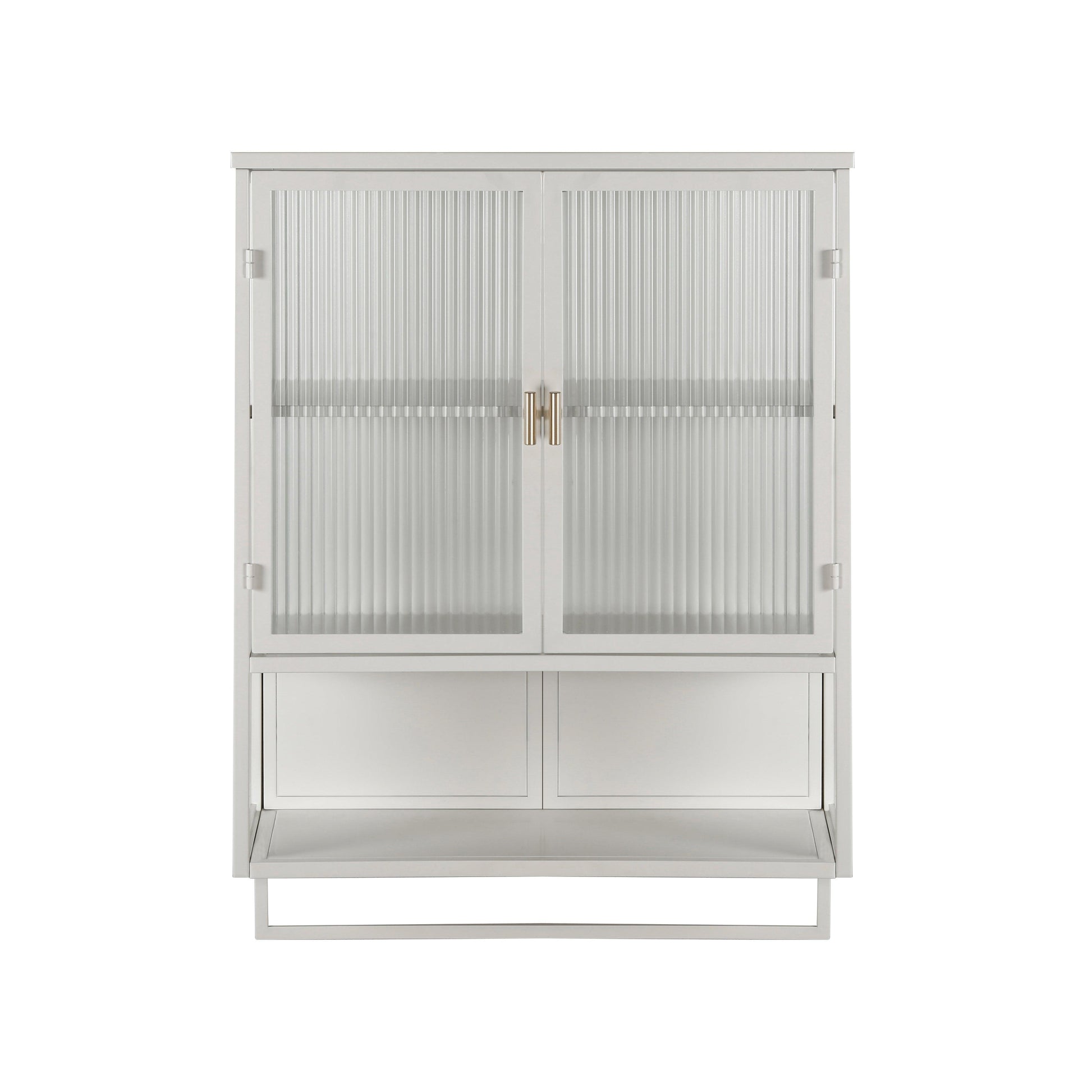 23.62"Glass Doors Modern Two-door Wall Cabinet with Featuring Two-tier Enclosed Storage an Open Shelf and Towel Rack - FurniFindUSA