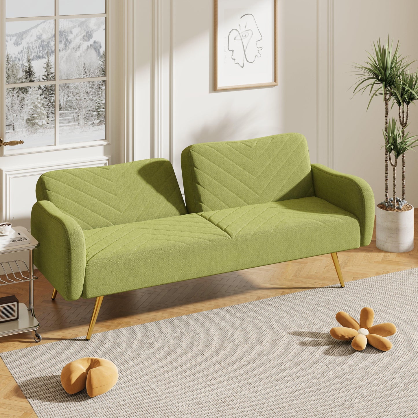 70.47" Green Fabric Double Sofa with Split Backrest and Two Throw Pillows - FurniFindUSA