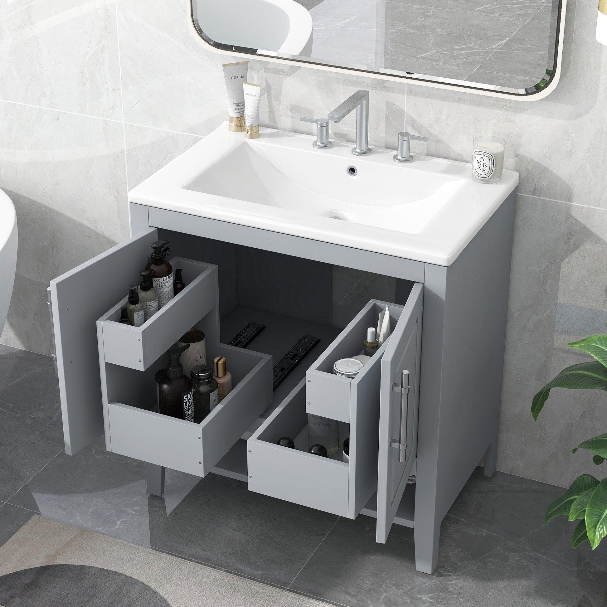 30" Bathroom Vanity with Sink, Multi-functional Bathroom Cabinet with Doors and Drawers, Solid Frame and MDF Board, Grey - FurniFindUSA